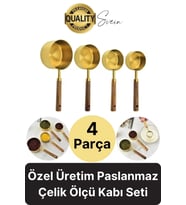 Özel Üretim Ağaç Saplı Paslanmaz Çelik 4 Boy Ölçü Kaşığı Kabı Lüks Şık Doğal Görünüm Otantik Altın