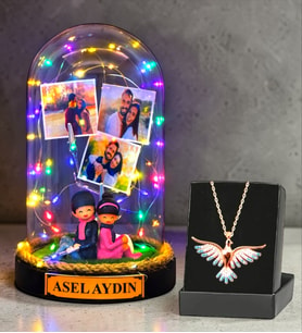 Sizlere Özel Renkli Led Işıklı Fanus ve Renkli Zümrüdü Anka Kuşu Kolye (Model 9)