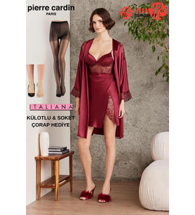Pierre Cardin 6'lı Saten Gecelik Sabahlık Pijama Takım Şort Takım Gelin Çeyiz Seti 2X Çorap Hediyeli