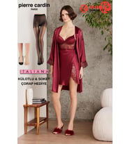 Pierre Cardin 6'lı Saten Gecelik Sabahlık Pijama Takım Şort Takım Gelin Çeyiz Seti 2X Çorap Hediyeli