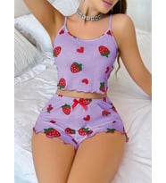 Amora Secret Pamuklu Lila Üstüne Çilek Desen Fitilli Askılı Şortlu Pijama Takımı