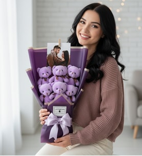 Kişiye Özel Fotoğraflı Mor Peluş Ayıcık Buketi