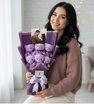 Kişiye Özel Fotoğraflı Mor Peluş Ayıcık Buketi