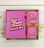 BK Gift Kişiye Özel İsimli DTF Best Friend Temalı Pembe Defter & Kahve Fincanı & Mum Hediye Seti-3, Arkadaşa Hediye, Doğum Günü Hediyesi
