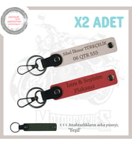 Bikerlar İçin, İsminiz Ve Plakanız Yazılı Özel Tasarım x2 Deri Anahtarlık Set, Nar Çiçeği-Pudra-Ysl