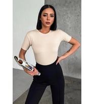 Rahat Şık Kısa Kollu Bisiklet Yaka Likralı Viskon Penye Body Bej ( Lisinya )