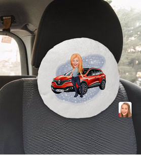 BK Gift Kişiye Özel Plakalı Kadın Renault Kadjar Karikatürlü Yuvarlak Araç Koltuk Yastığı-1
