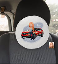 BK Gift Kişiye Özel Plakalı Kadın Renault Kadjar Karikatürlü Yuvarlak Araç Koltuk Yastığı-1