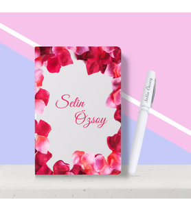BK Gift Kişiye Özel Gül Yaprakları Desenli Beyaz Defter Kalem Seti-1