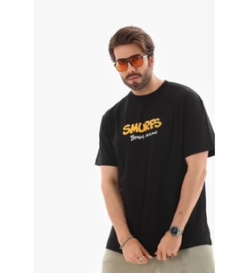 Unisex Bisiklet Yaka Baskılı Oversize T-Shirt - Siyah