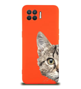 Oppo Reno 4 Lite Uyumlu Lansman Kılıf Catface Tasarımlı İçi Kadife Kapak-Turuncu (Şeffaf)