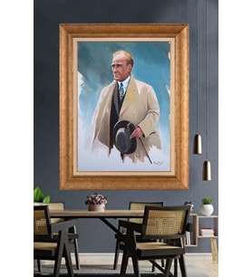 Altın Varaklı Çerçeveli Paspartulu Atatürk Tablo nh480 (Gold)