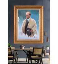 Altın Varaklı Çerçeveli Paspartulu Atatürk Tablo nh480 (Gold)