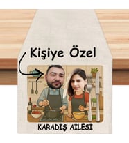 Kişiye Özel Karikatürlü Mutfak Tasarımlı Runner, Runer, Masa Örtüsü, Sofranıza Zarafet Katın Runner (Krem)