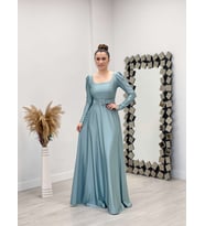İthal Krep Saten Kumaş Kare Yaka Kiloş Elbise - MİNT YEŞİL (Mint Yeşili)