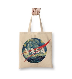 Nasa Van Gogh Yıldızlı Gece Logo Beyaz Bez Çanta Uzun Saplı Alışveriş Çantası Plaj Çantası