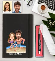 Kişiye Özel Kumsalda Koşan Çift Karikatürlü Defter ve Kalem