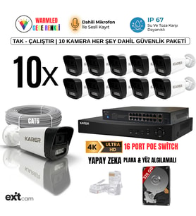 10'lu IP KAMERA-POELİ-5MP-ULTRA HD-4K 1920 ÇÖZÜNÜRLÜK-SESLİ-GECE RENKLİ GÖRÜŞ-İNSAN ve PLAKA ALGILAMALI SET (Beyaz)