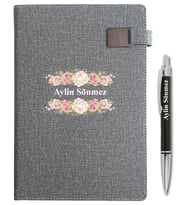 Kişiye Özel Çiçek Desen Baskılı İsme Özel Defter ve Kalem