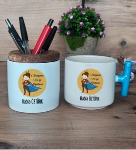 Kadın Öğretmene Hediye Hediye Sepeti Kupa Bardak T Kulplu, Kalemlik Hediyeleri Öğretmenler Günü Hediyesi (Model 3)