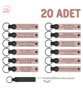 Okul Etkinliği Anısına Hazırlanan, 20’li Set, Kişiye Özgü Yazılı Deri Anahtarlık, Pudra & Yeşil