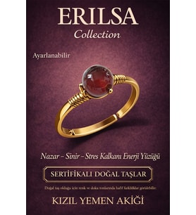Sertifikalı Nazar Stres Kalkanı Enerji Yüzüğü - Kızıl Yemen Taşı Gold Ayarlanabilir Koç Aslan Burcu