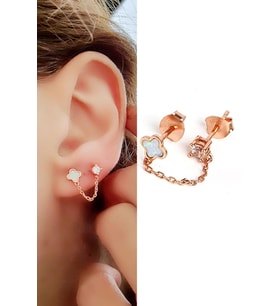 Opal Taşlı ve Tek Taşlı Çift Deliğe Takılan 925ayar Gümüş Üzerine Rose Altın Kaplama Zincir Tek Küpe