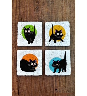 Doğal Taş Bardak Altlığı 4'lü Set 10x10x1 cm Şaşkın Kedi Desenleri -Stone Coasters