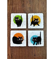 Doğal Taş Bardak Altlığı 4'lü Set 10x10x1 cm Şaşkın Kedi Desenleri -Stone Coasters