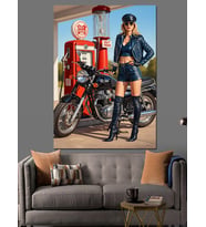 Motosikletli Pin-Up Sarışın Kadın Dekoratif Kanvas - Mdf Ahşap Tablo