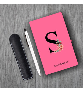 Kişiye Özel Uv Baskılı Harfli Pembe Defter & Beyaz Tükenmez Kalem