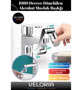 Premium Seri Metal Görünümlü Çift Fonksiyonlu 1080 Derece Dönebilen Akrobat Musluk Ucu Başlığı