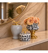 Dekoratif Obje Salon Seti Gri leopar Ayaklı Saksı Gri Şah Gri Leopar Kapaklı Kutu Gold