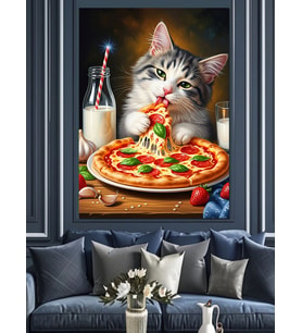 Pizza Yiyen Sevimli Kedi Dekoratif Kanvas - Mdf Ahşap Tablo