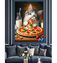 Pizza Yiyen Sevimli Kedi Dekoratif Kanvas - Mdf Ahşap Tablo