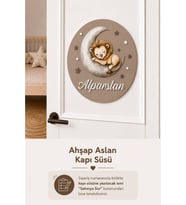 Ahşap Çocuğun İsmine Özel Aylı Aslan Kapı Süsü - Bebek Hastane Kapısı ve Bebek Odası için Kapı Süsü