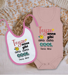 BK Kids Kişiye Özel Teyze Anne Gibi Tasarımlı Pembe %100 Pamuklu Askılı Sıfır Kol Bebek Body Zıbın ve Mama Önlüğü Hediye Seti