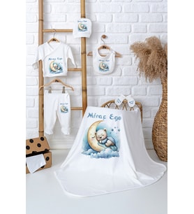 Pia Baby Premium İsme Özel %100 Pamuk Battaniyeli 5 Parça Zıbın Set Yenidoğan Erkek Bebek Hediyesi 5089-04 (Ekru)