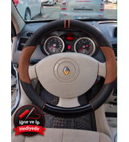 Renault Scenic 2 Dikme Direksiyon Kılıfı Delikli Deri Parlak Siyah Taba Detay Çift Yüzük ve Dikiş 2003-2009