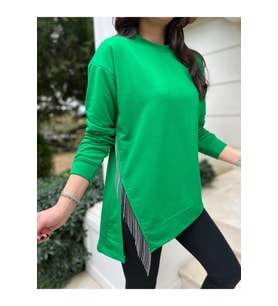 Yırtmaçlı Zincir Detaylı Sweatshirt (Yeşil)