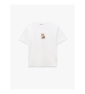 Koton Kedi Nakışlı Oversize Ekru Kadın T-Shirt 6SAL10063IK