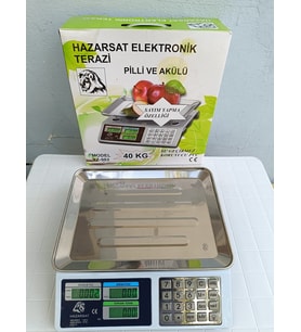40 KG PİLLİ VE ŞARJLI-FİYAT HESAPLAMALI VE SAYIM ÖZELLİKLİ TERAZİ-METAL PANEL TARTI-2 YIL GARANTİLİ