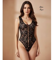 Intive Sugar Siyah Dantelli Önü ve Arkası Açık Bağlama Detaylı Bodysuit/Gecelik