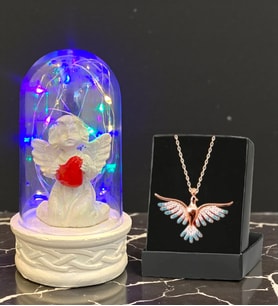 Renkli Led Işıklı Biblolu Fanus ve Renkli Zümrüdü Anka Kuşu Kolye Premium Hediye Seti (Model 7)