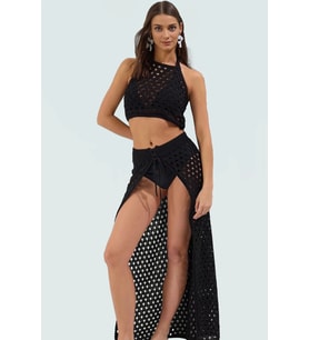 Yazlık Kroşe Bluz Etek Plaj Takımı Pamuklu Polyester Şık ve Rahat (Siyah)