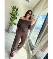 Kadın Uzun Kollu Tek Omuzdan Açık Modal Bluz Ve Pantolon Ikili Takım (KAHVE)