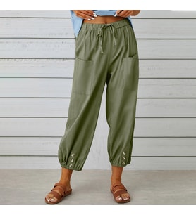 Keten Günlük Pantolon Beli Lastikli Bağcıklı (Haki)