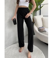 Kadın Siyah Yüksek Bel Fitilli Bol Paça Günlük İnce Eşofman Altı Pijama