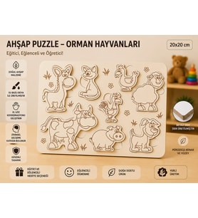 Ahşap Puzzle - Orman ve Çiftlik Dostları: Eğitici Zeka Oyunu (20x20 cm)