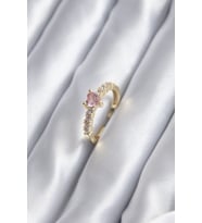 Gold Renk Zirkon Taşlı Pembe Kristal Kalp Model Kadın Yüzük TJ-BYK2852